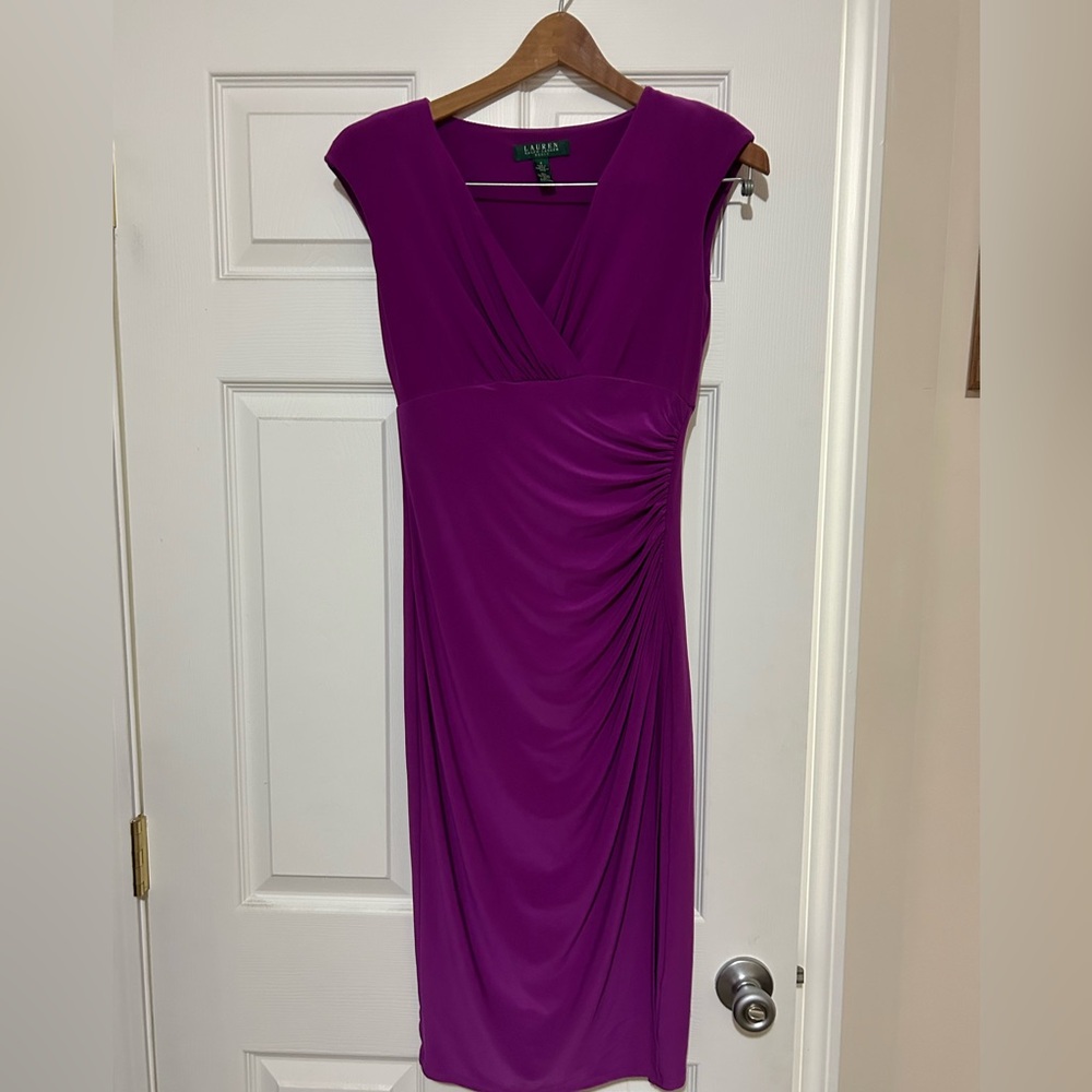 Ralph Lauren rouched v-neck sleeveless magenta dress